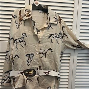 # 0610+ Horse Print Button-Up Shirt with Belt. Bundle Set for Horse Lovers ( M)
